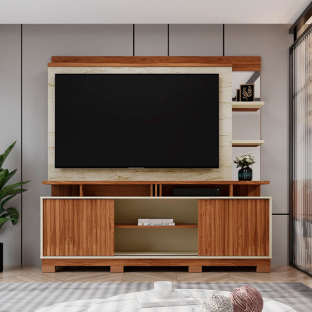 ESTANTE HOME TEATHER DENVER FLEX  P/ TV HASTA 60" CINAMOMO MEL/OFF WHITE/CARRARA