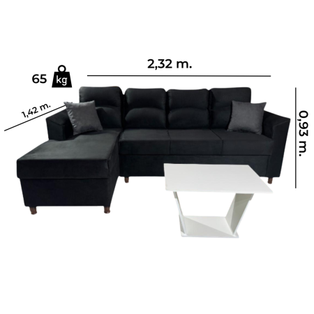 SOFA NEW SAN LORENZO NEGRO 3 LUGARES + CHAISE + 2 ALMOHADAS + MESA