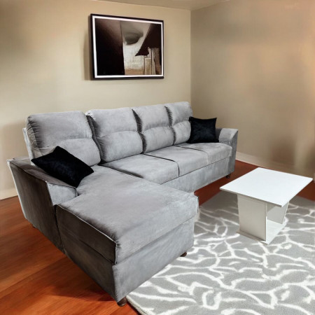 SOFA NEW SAN LORENZO GRIS 3 LUGARES + CHAISE + 2 ALMOHADAS + MESA