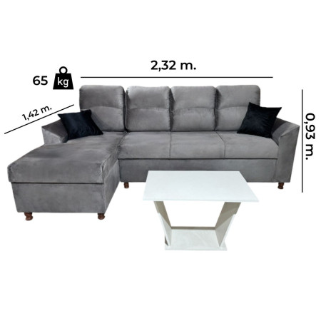 SOFA NEW SAN LORENZO GRIS 3 LUGARES + CHAISE + 2 ALMOHADAS + MESA