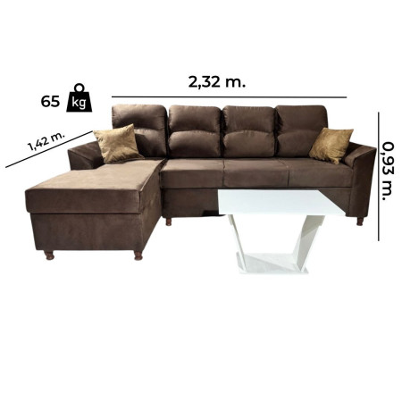 SOFA NEW SAN LORENZO MARRÓN 3 LUGARES + CHAISE + 2 ALMOHADAS + MESA