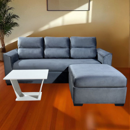 SOFA PIRIBEBUY 3 LUGARES GRIS + PUFF + MESITA