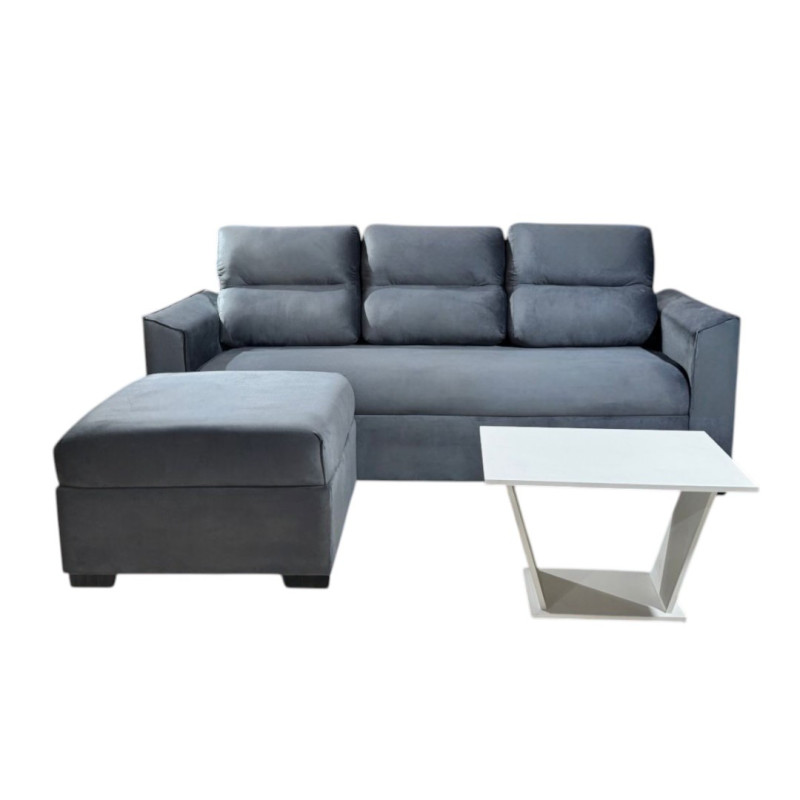 SOFA PIRIBEBUY 3 LUGARES GRIS + PUFF + MESITA