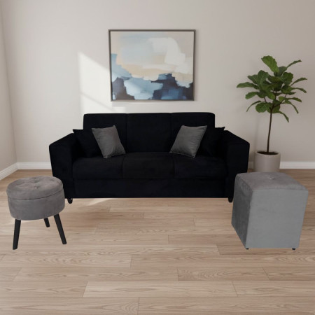 SOFA SAN JUAN NEGRO 3 LUGARES + 2 PUFF + 4 ALMOHADAS + MESITA