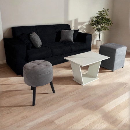 SOFA SAN JUAN NEGRO 3 LUGARES + 2 PUFF + 4 ALMOHADAS + MESITA