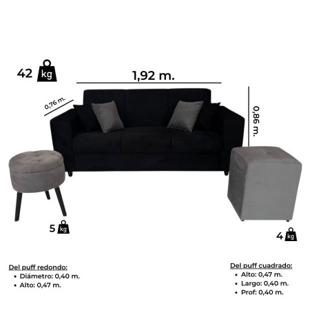 SOFA SAN JUAN NEGRO 3 LUGARES + 2 PUFF + 4 ALMOHADAS + MESITA