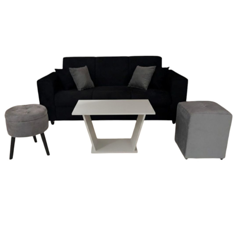 SOFA SAN JUAN NEGRO 3 LUGARES + 2 PUFF + 4 ALMOHADAS + MESITA