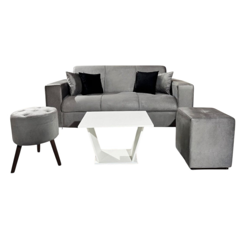 SOFA SAN JUAN GRIS 3 LUGARES + 2 PUFF + 4 ALMOHADAS + MESITA