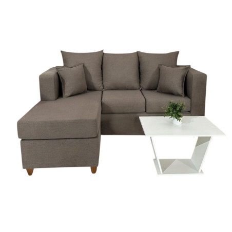 SOFA TOBATI 2L + CHAISE MOVIBLE MARRON PINO + 2 ALMOHADAS + MESITA