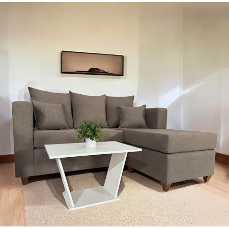 SOFA TOBATI 2L + CHAISE MOVIBLE MARRON PINO + 2 ALMOHADAS + MESITA