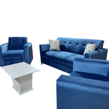 SOFA ITAUGUA  3-1-1 AZUL C/2 ALMOHADAS + MESITA BLANCO DE REGALO