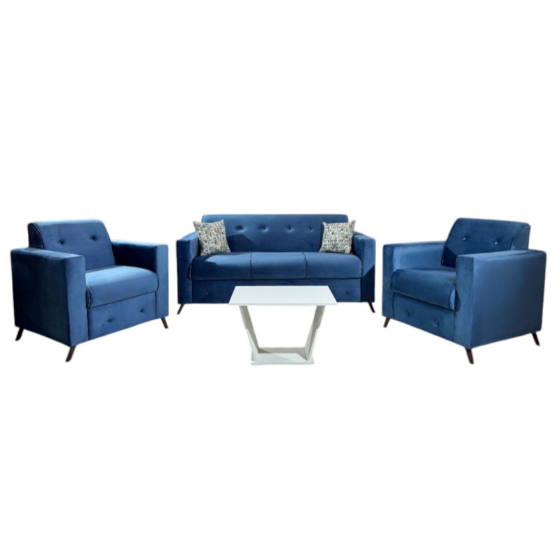 SOFA ITAUGUA  3-1-1 AZUL C/2 ALMOHADAS + MESITA BLANCO DE REGALO