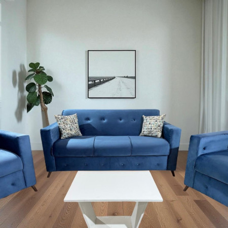 SOFA ITAUGUA  3-1-1 AZUL C/2 ALMOHADAS + MESITA BLANCO DE REGALO