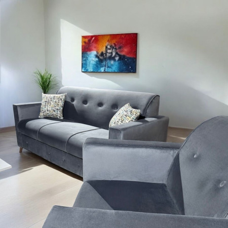 SOFA ITAUGUA  3-1-1 GRIS C/2 ALMOHADAS + MESITA BLANCO DE REGALO