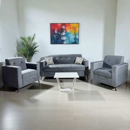 SOFA ITAUGUA  3-1-1 GRIS C/2 ALMOHADAS + MESITA BLANCO DE REGALO