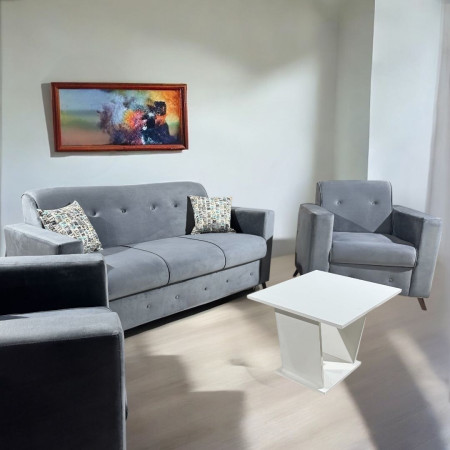 SOFA ITAUGUA  3-1-1 GRIS C/2 ALMOHADAS + MESITA BLANCO DE REGALO