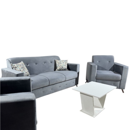 SOFA ITAUGUA  3-1-1 GRIS C/2 ALMOHADAS + MESITA BLANCO DE REGALO