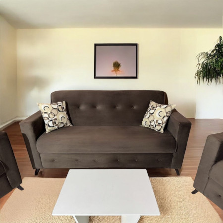 SOFA ITAUGUA  3-1-1 MARRÓN C/2 ALMOHADAS + MESITA BLANCO DE REGALO