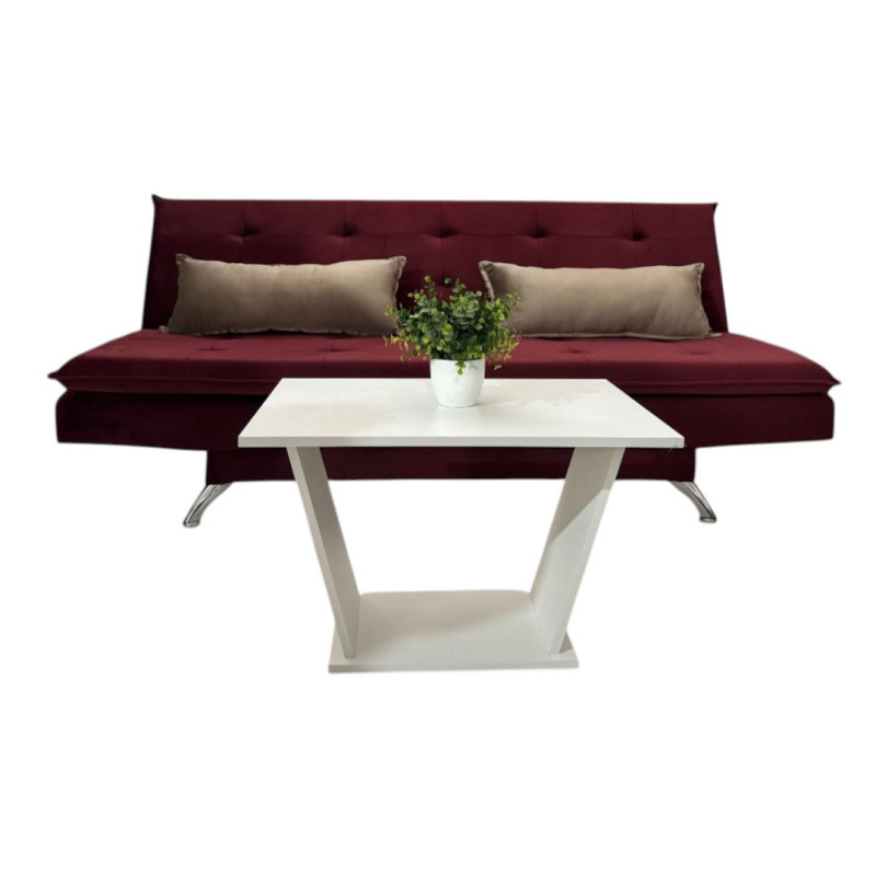 SOFA CAMA ITAPUA BORDO + ALMOHADAS + MESITA BLANCO DE REGALO
