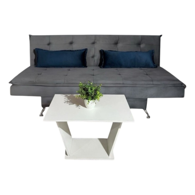 SOFA CAMA ITAPUA GRIS + ALMOHADAS + MESITA BLANCO DE REGALO