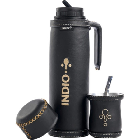 TERMO SET DE INVIERNO MATERO INDIO CUERO PREMIUM 1 LITRO CUERO NEGRO + GUAMPA + BOMBILLA