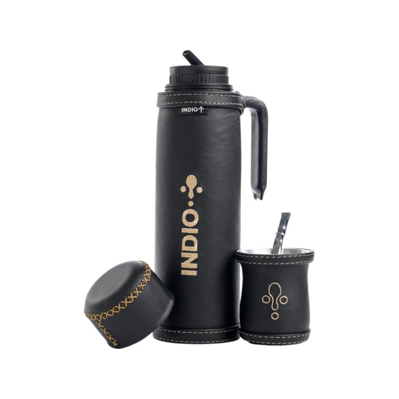 TERMO SET DE INVIERNO MATERO INDIO CUERO PREMIUM 1 LITRO CUERO NEGRO + GUAMPA + BOMBILLA