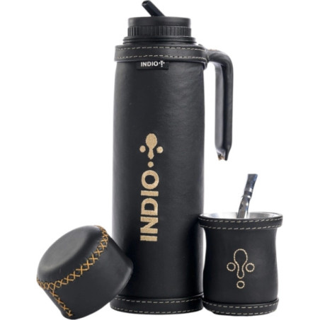 TERMO SET DE INVIERNO MATERO INDIO CUERO PREMIUM 1 LITRO CUERO NEGRO + GUAMPA + BOMBILLA