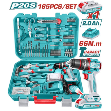 TALADRO PERCUTOR INALÁMBRICO TOTAL 20V CON BATERÍA Y CARGADOR + JUEGO