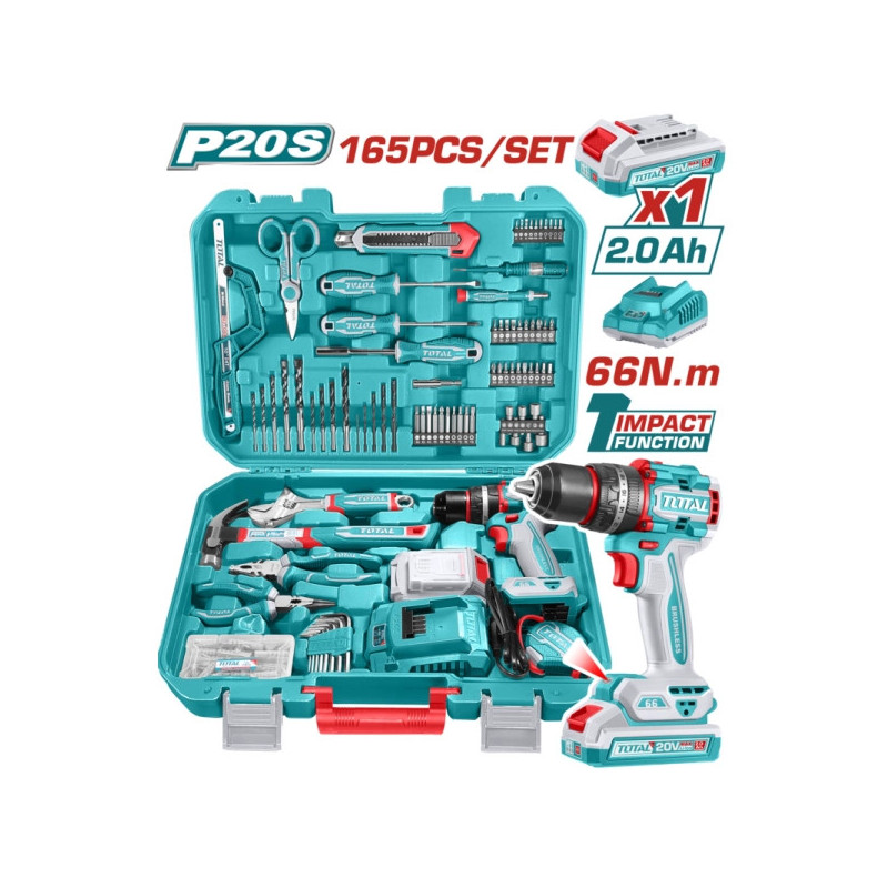 TALADRO PERCUTOR INALÁMBRICO TOTAL 20V CON BATERÍA Y CARGADOR + JUEGO